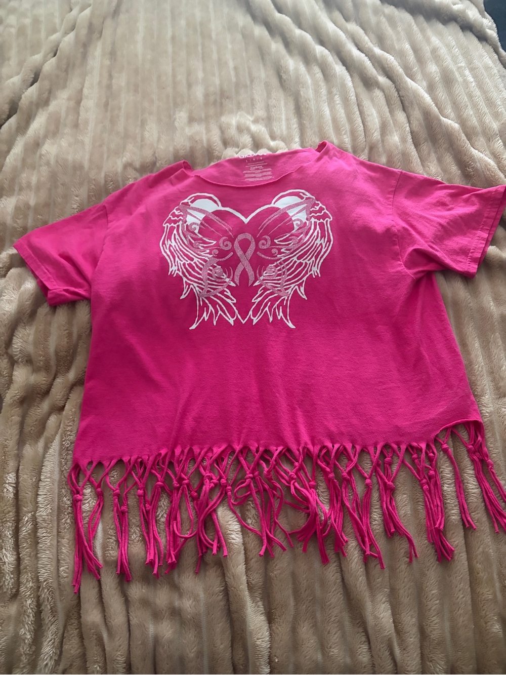 Girls Hot Pink Fringe Tee with Angel Wing Heart Graphic